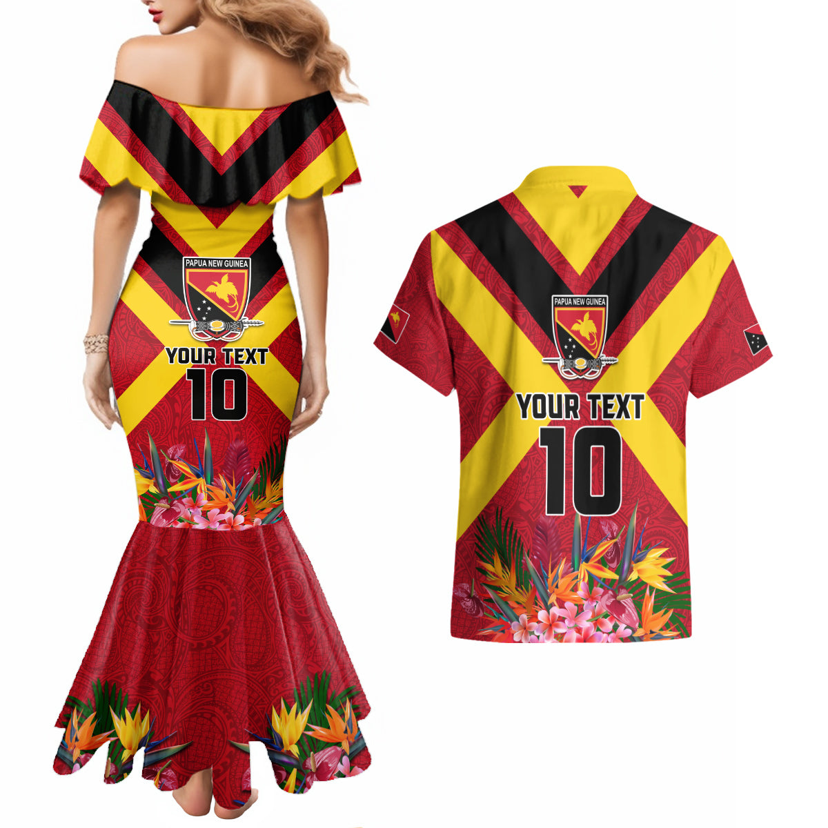 Custom Papua New Guinea Rugby Couples Matching Mermaid Dress and Hawaiian Shirt Bird of Paradise and Hibiscus Polynesian Pattern Red Color LT03