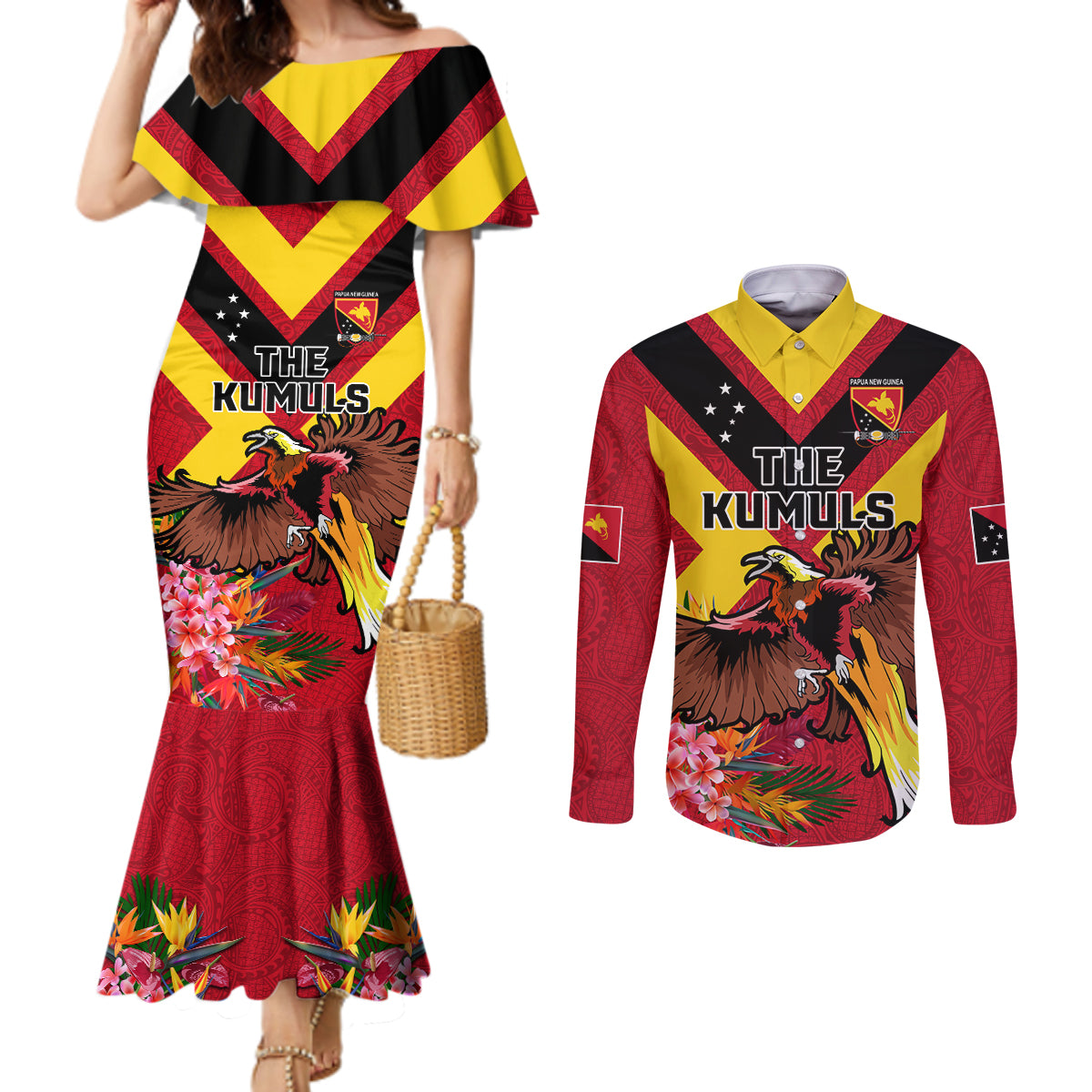 Custom Papua New Guinea Rugby Couples Matching Mermaid Dress and Long Sleeve Button Shirt Bird of Paradise and Hibiscus Polynesian Pattern Red Color LT03