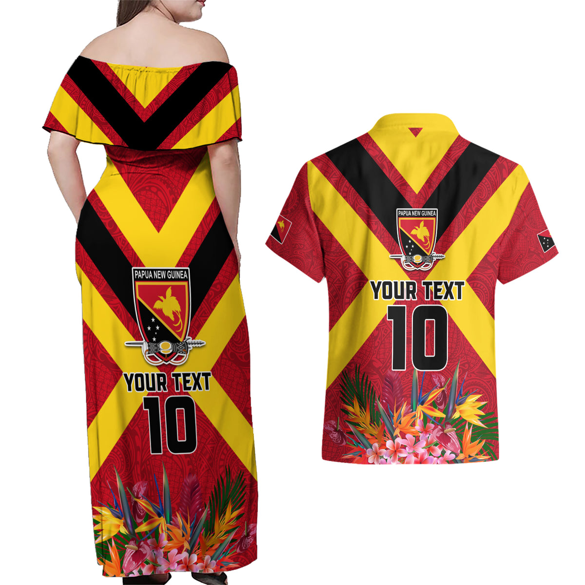 Custom Papua New Guinea Rugby Couples Matching Off Shoulder Maxi Dress and Hawaiian Shirt Bird of Paradise and Hibiscus Polynesian Pattern Red Color LT03