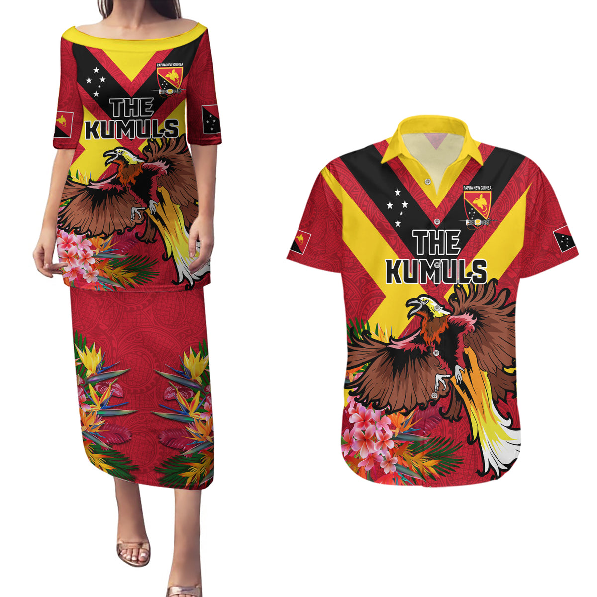 Custom Papua New Guinea Rugby Couples Matching Puletasi and Hawaiian Shirt Bird of Paradise and Hibiscus Polynesian Pattern Red Color LT03
