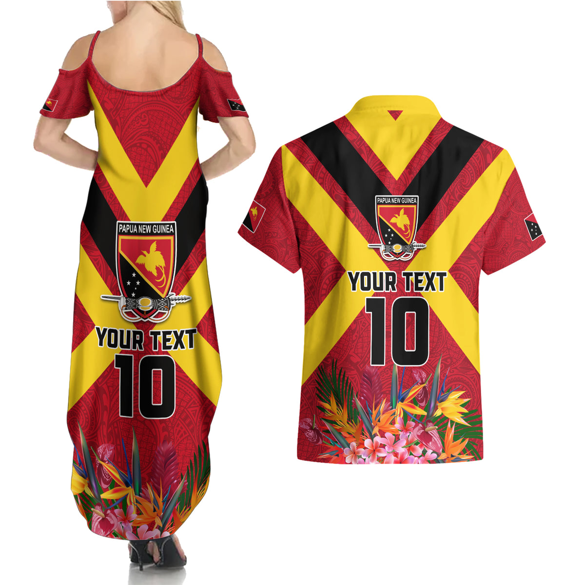 Custom Papua New Guinea Rugby Couples Matching Summer Maxi Dress and Hawaiian Shirt Bird of Paradise and Hibiscus Polynesian Pattern Red Color LT03