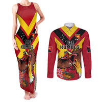 Custom Papua New Guinea Rugby Couples Matching Tank Maxi Dress and Long Sleeve Button Shirt Bird of Paradise and Hibiscus Polynesian Pattern Red Color LT03