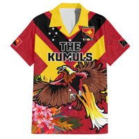 Custom Papua New Guinea Rugby Family Matching Off The Shoulder Long Sleeve Dress and Hawaiian Shirt Bird of Paradise and Hibiscus Polynesian Pattern Red Color LT03