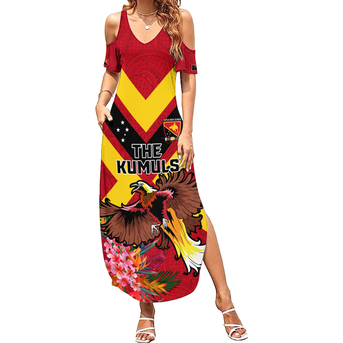 Custom Papua New Guinea Rugby Family Matching Summer Maxi Dress and Hawaiian Shirt Bird of Paradise and Hibiscus Polynesian Pattern Red Color LT03