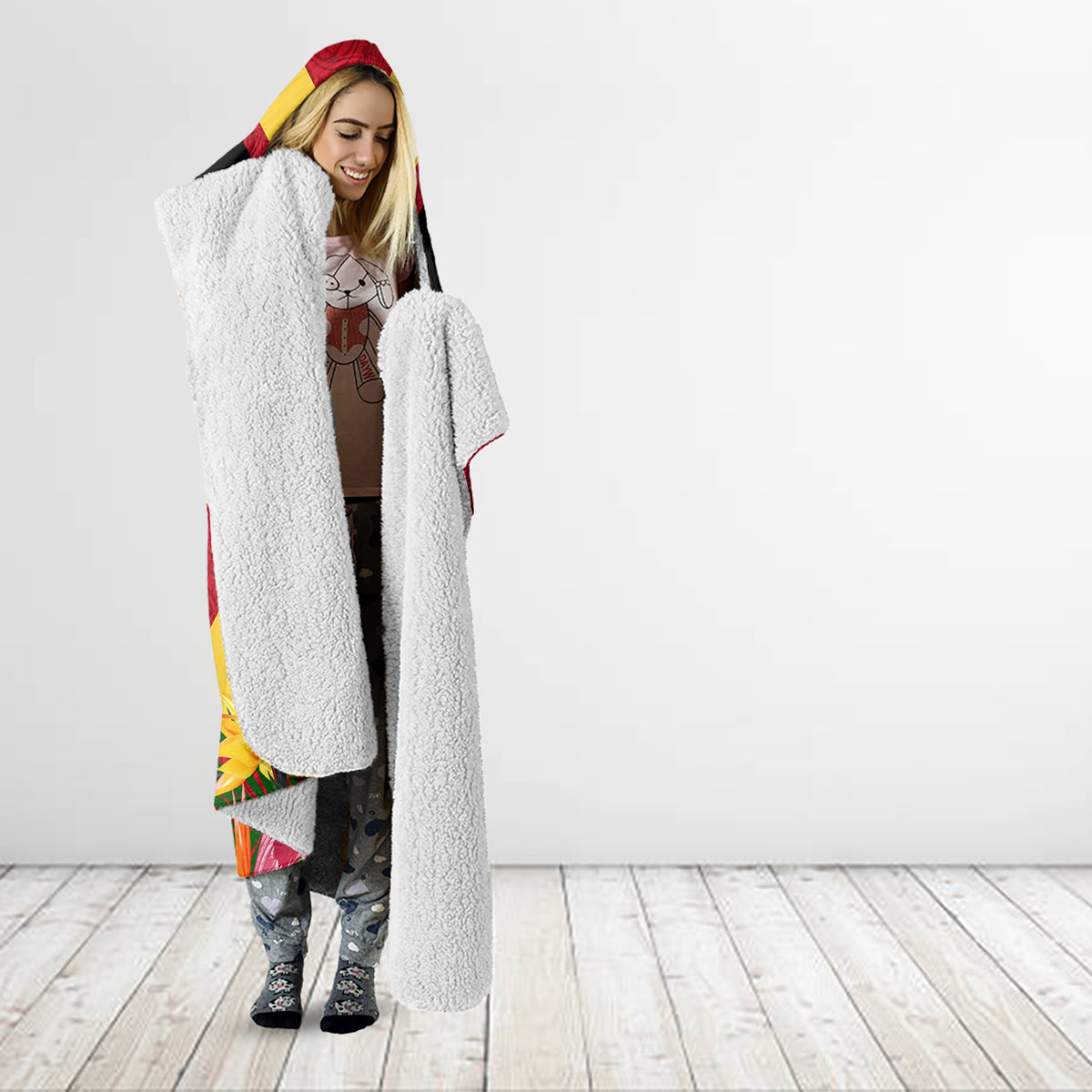 Custom Papua New Guinea Rugby Hooded Blanket Bird of Paradise and Hibiscus Polynesian Pattern Red Color