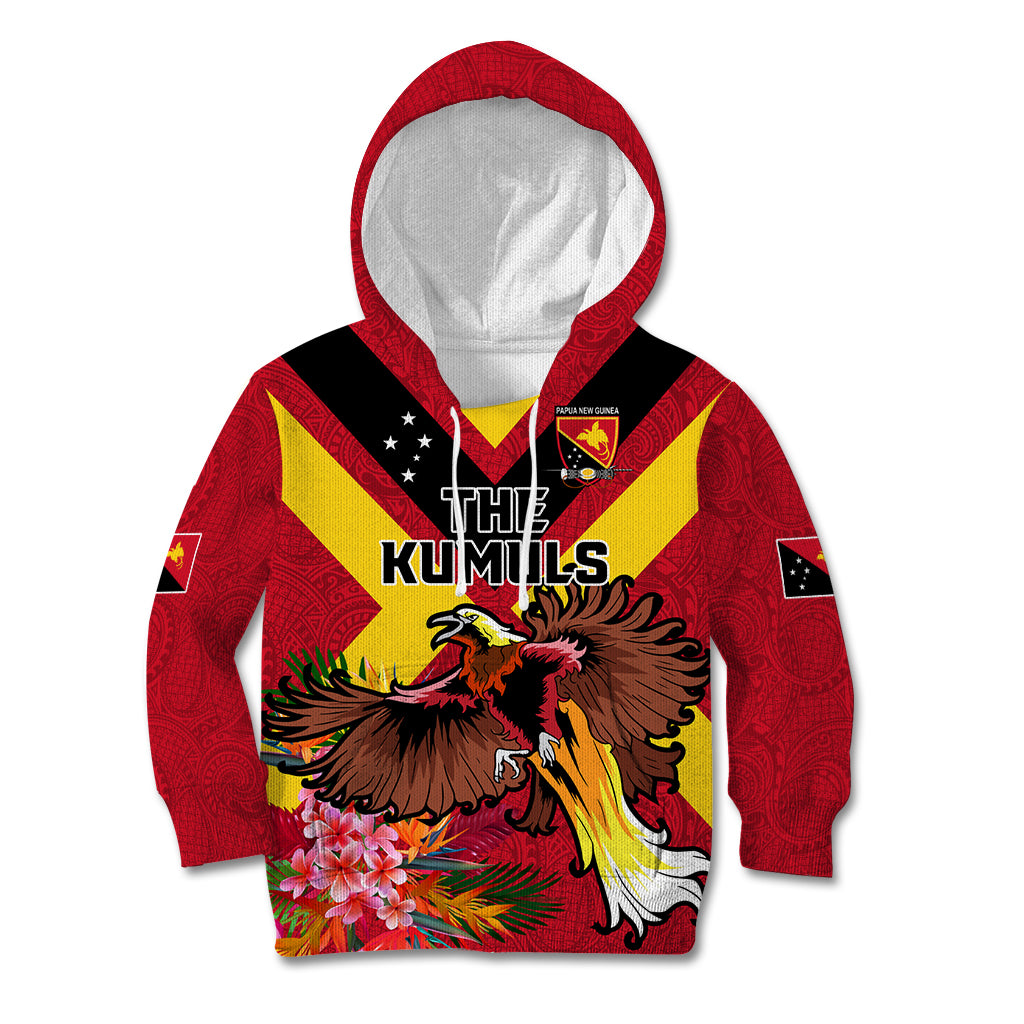 Custom Papua New Guinea Rugby Kid Hoodie Bird of Paradise and Hibiscus Polynesian Pattern Red Color LT03