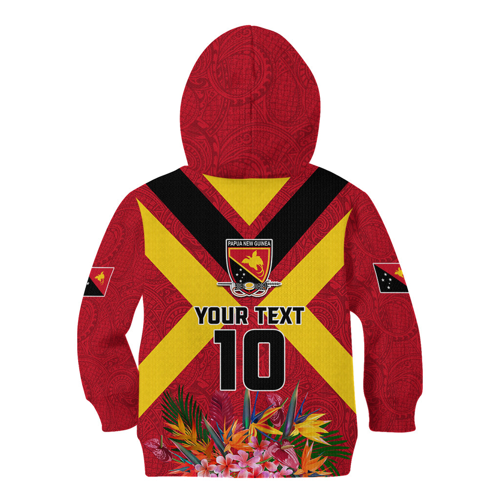 Custom Papua New Guinea Rugby Kid Hoodie Bird of Paradise and Hibiscus Polynesian Pattern Red Color LT03
