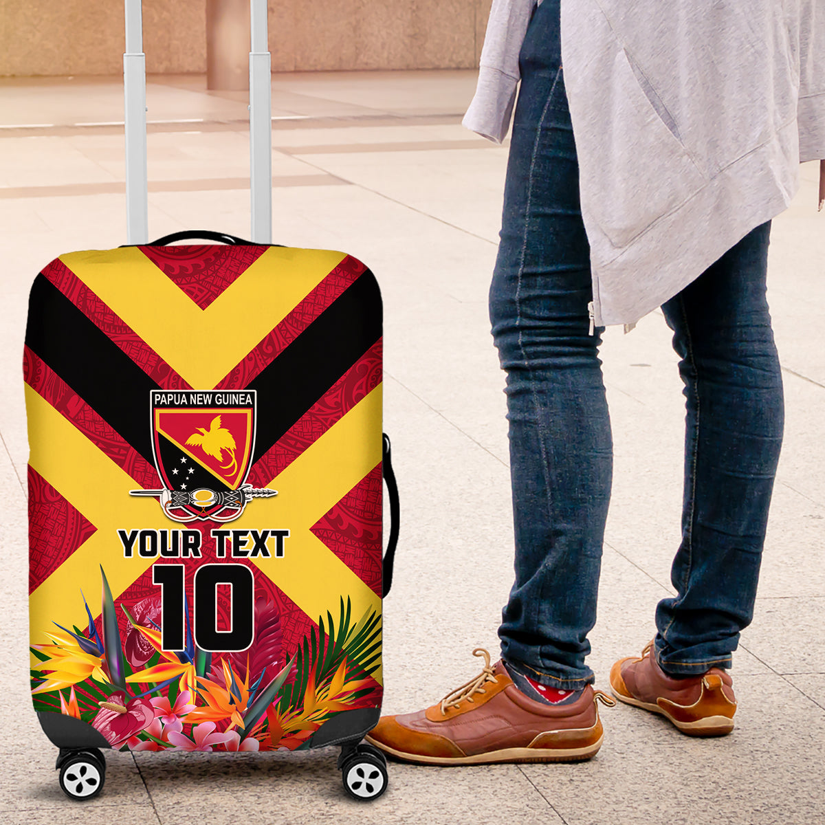 Custom Papua New Guinea Rugby Luggage Cover Bird of Paradise and Hibiscus Polynesian Pattern Red Color