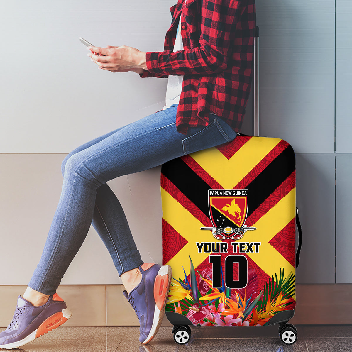 Custom Papua New Guinea Rugby Luggage Cover Bird of Paradise and Hibiscus Polynesian Pattern Red Color