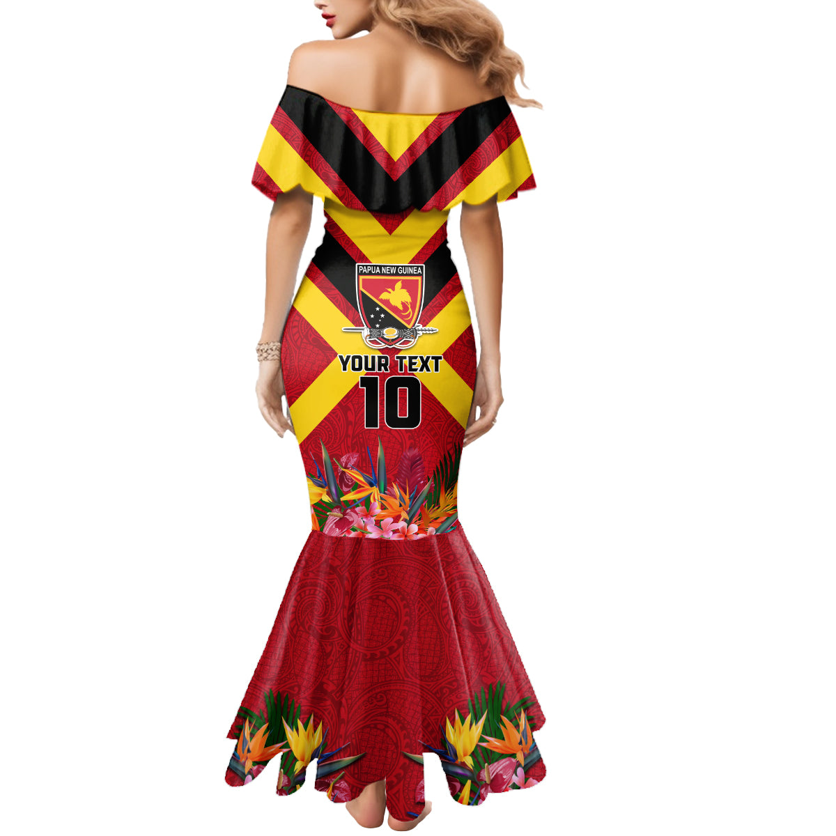 Custom Papua New Guinea Rugby Mermaid Dress Bird of Paradise and Hibiscus Polynesian Pattern Red Color LT03