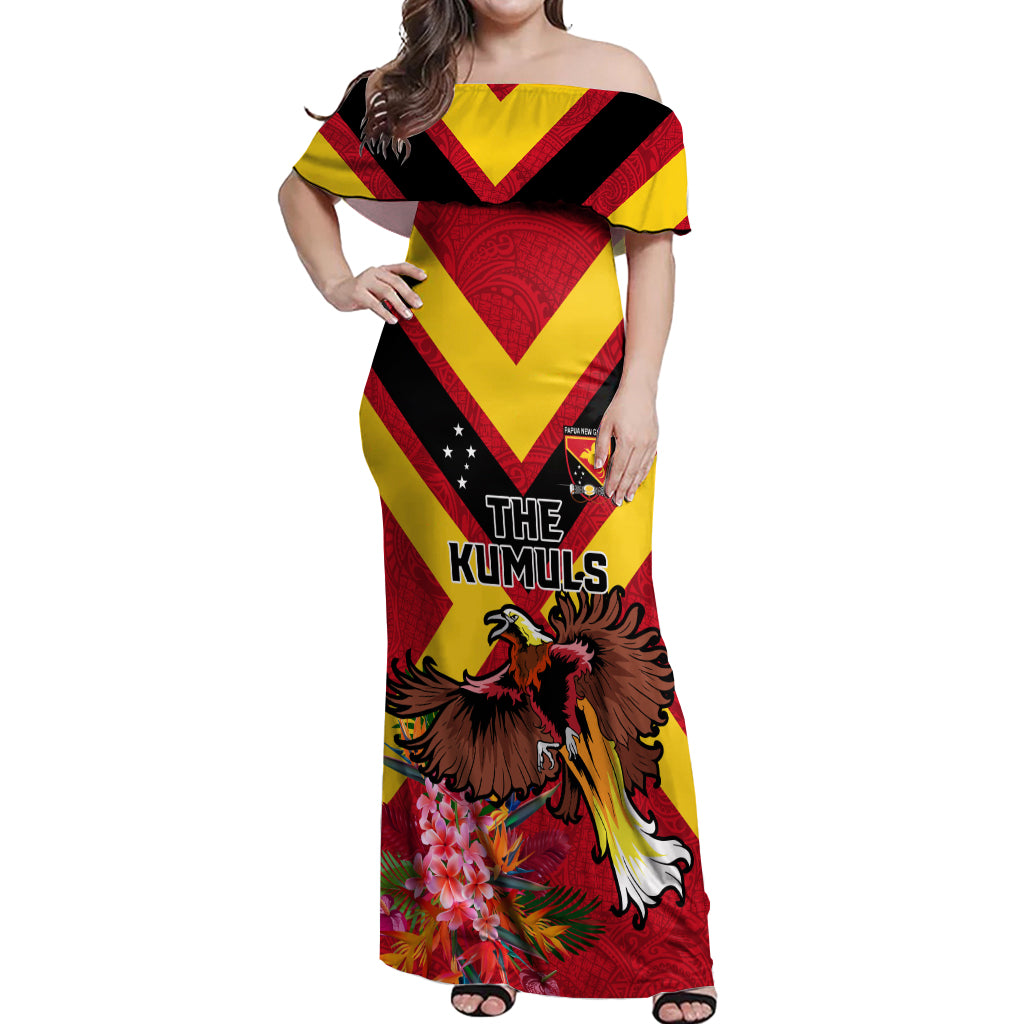 Custom Papua New Guinea Rugby Off Shoulder Maxi Dress Bird of Paradise and Hibiscus Polynesian Pattern Red Color LT03