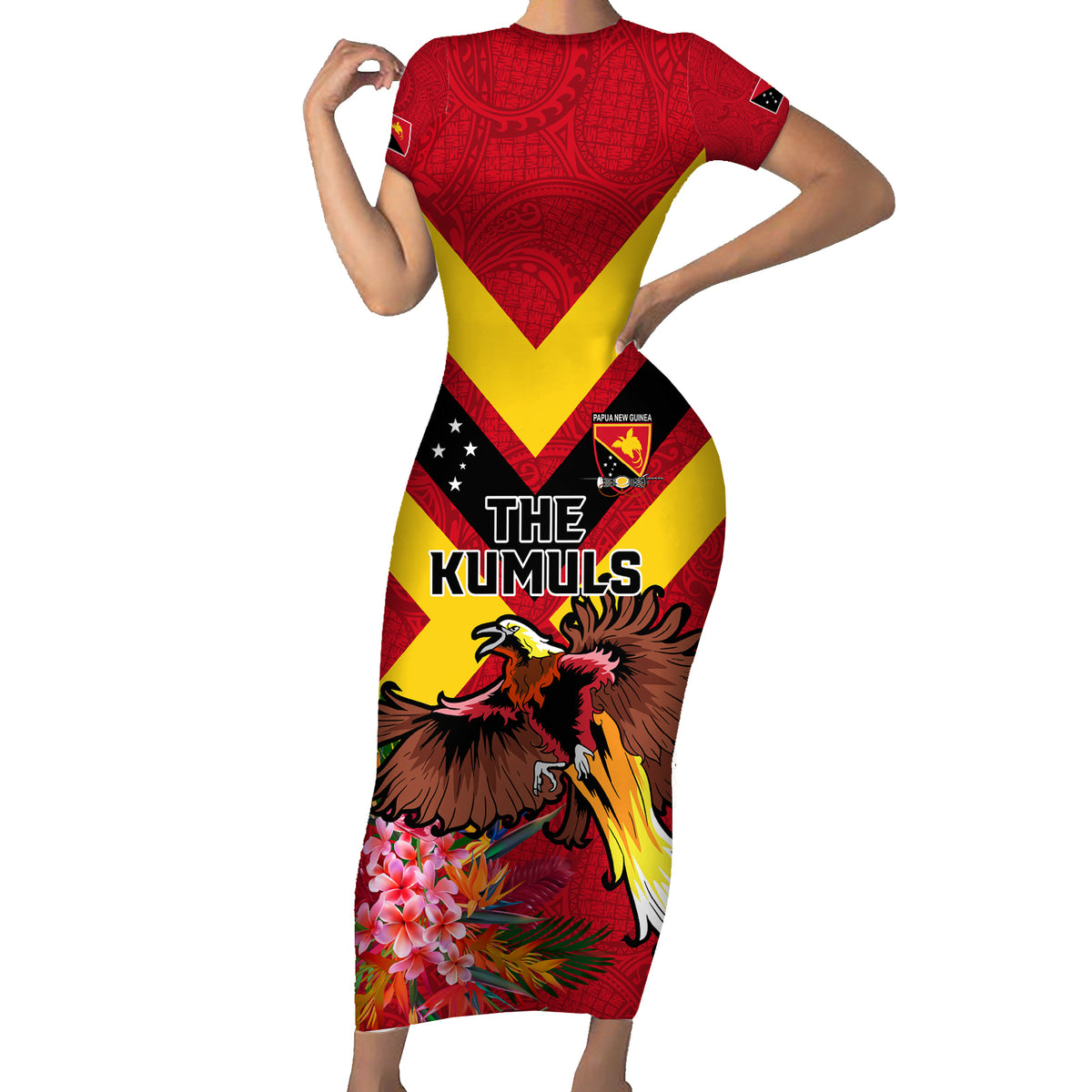 Custom Papua New Guinea Rugby Short Sleeve Bodycon Dress Bird of Paradise and Hibiscus Polynesian Pattern Red Color LT03