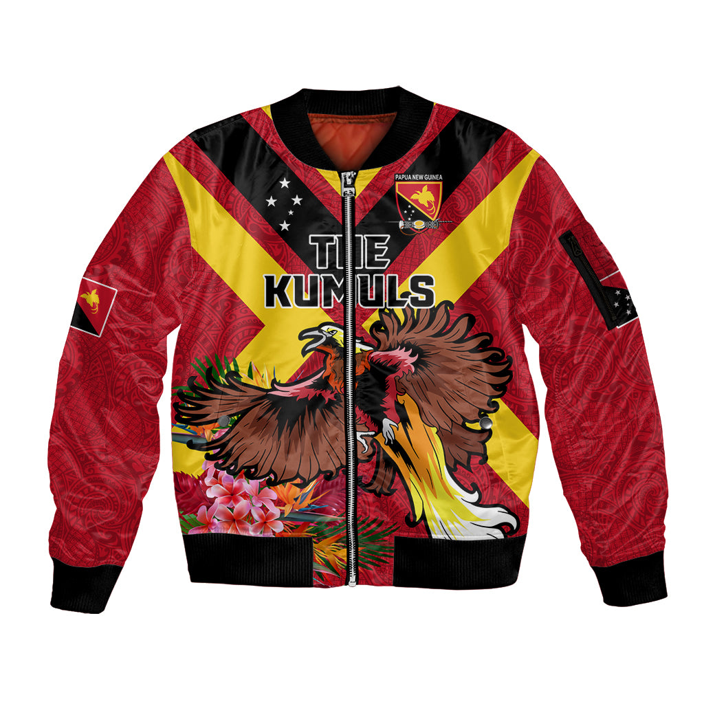 Custom Papua New Guinea Rugby Sleeve Zip Bomber Jacket Bird of Paradise and Hibiscus Polynesian Pattern Red Color LT03