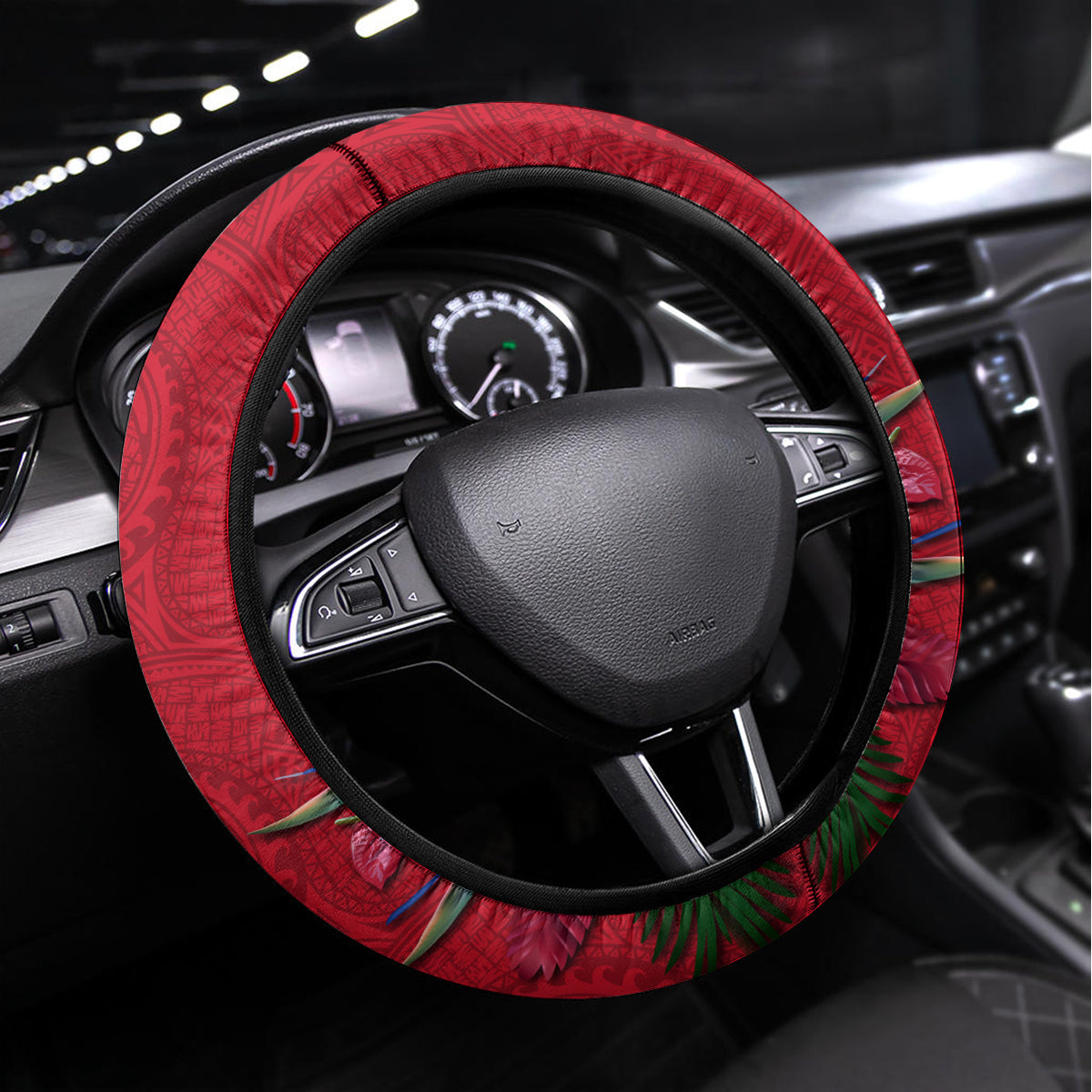 Papua New Guinea Rugby Steering Wheel Cover Bird of Paradise and Hibiscus Polynesian Pattern Red Color LT03 Universal Fit Red - Polynesian Pride