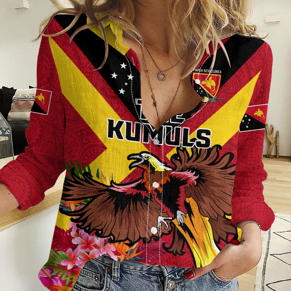 Custom Papua New Guinea Rugby Women Casual Shirt Bird of Paradise and Hibiscus Polynesian Pattern Red Color LT03