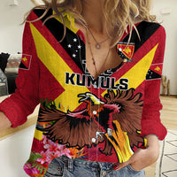 Custom Papua New Guinea Rugby Women Casual Shirt Bird of Paradise and Hibiscus Polynesian Pattern Red Color LT03