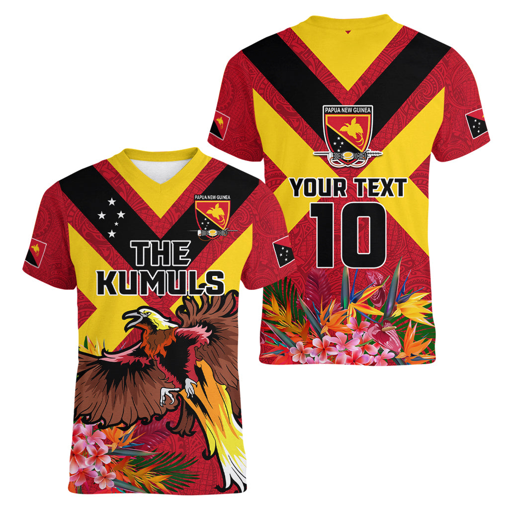 Custom Papua New Guinea Rugby Women V Neck T Shirt Bird of Paradise and Hibiscus Polynesian Pattern Red Color LT03