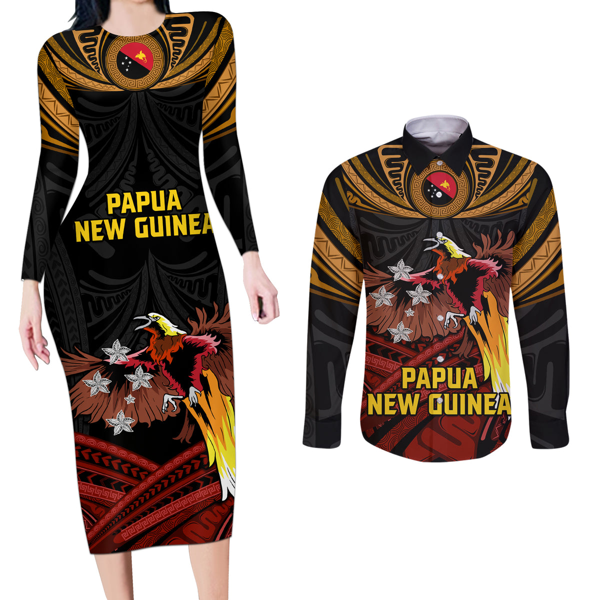 Papua New Guinea Bird-of-Paradise Couples Matching Long Sleeve Bodycon Dress and Long Sleeve Button Shirt Coat of Arms and Tribal Patterns LT03 Black - Polynesian Pride