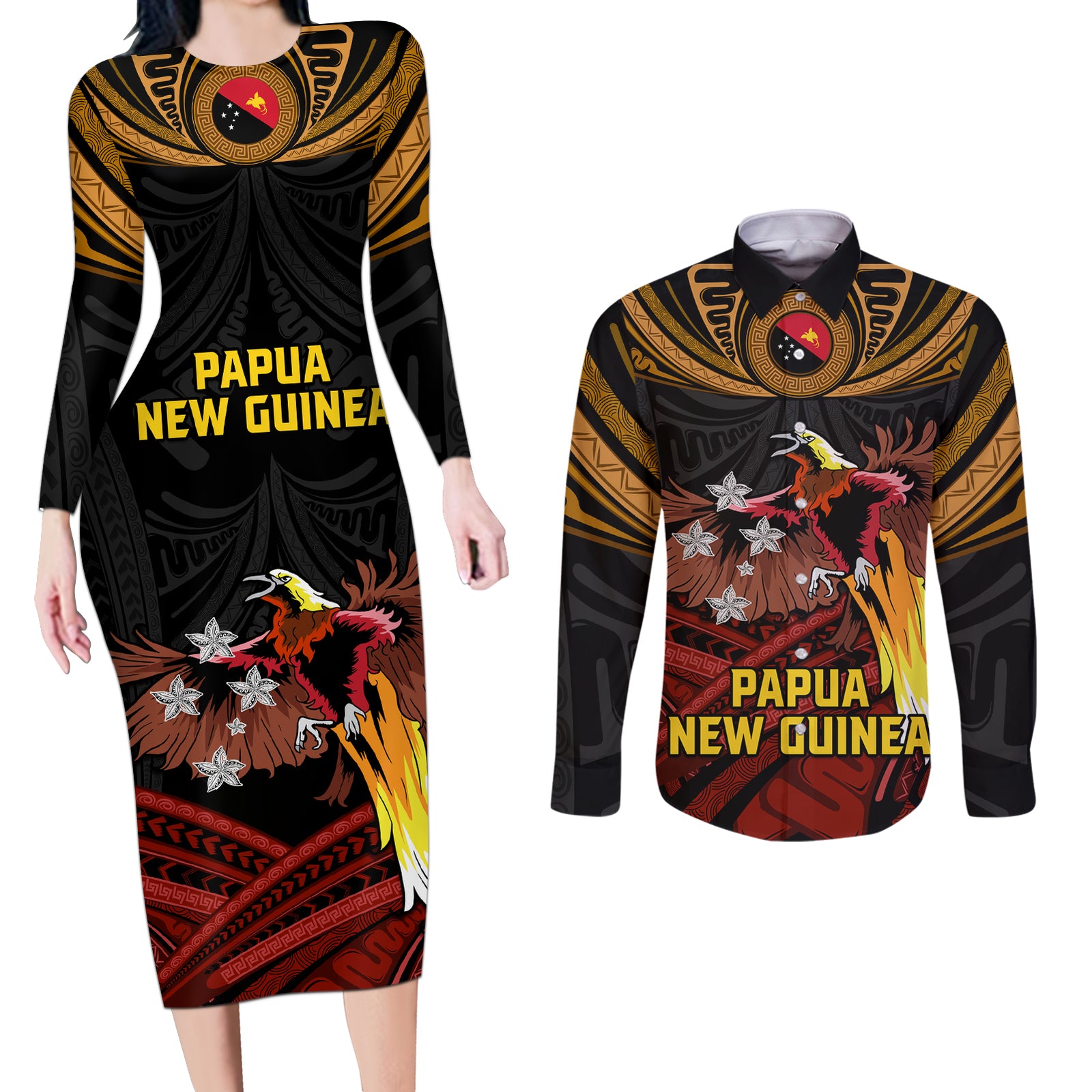 Papua New Guinea Bird-of-Paradise Couples Matching Long Sleeve Bodycon Dress and Long Sleeve Button Shirt Coat of Arms and Tribal Patterns LT03 Black - Polynesian Pride