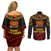 Papua New Guinea Bird-of-Paradise Couples Matching Off Shoulder Short Dress and Long Sleeve Button Shirt Coat of Arms and Tribal Patterns LT03 - Polynesian Pride