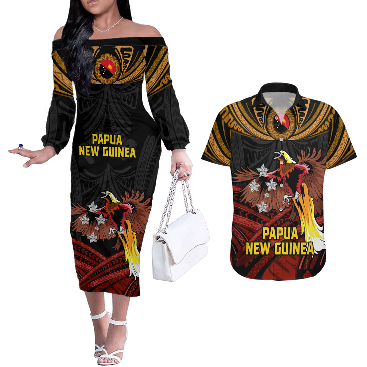 Papua New Guinea Bird-of-Paradise Couples Matching Off The Shoulder Long Sleeve Dress and Hawaiian Shirt Coat of Arms and Tribal Patterns LT03 Black - Polynesian Pride