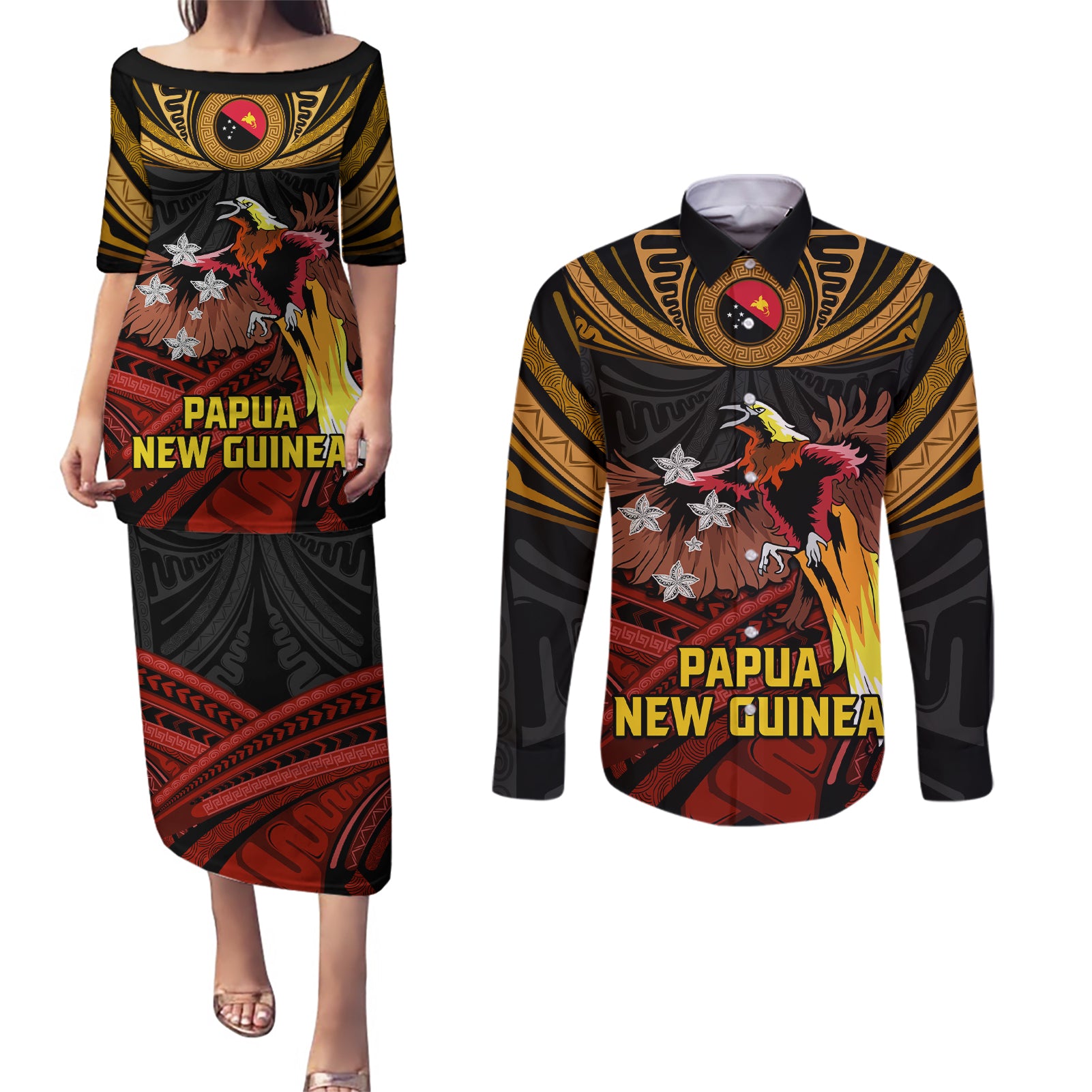 Papua New Guinea Bird-of-Paradise Couples Matching Puletasi and Long Sleeve Button Shirt Coat of Arms and Tribal Patterns LT03 Black - Polynesian Pride