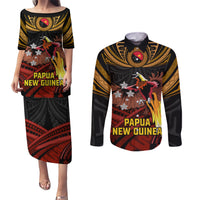 Papua New Guinea Bird-of-Paradise Couples Matching Puletasi and Long Sleeve Button Shirt Coat of Arms and Tribal Patterns LT03 Black - Polynesian Pride