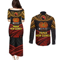 Papua New Guinea Bird-of-Paradise Couples Matching Puletasi and Long Sleeve Button Shirt Coat of Arms and Tribal Patterns LT03 - Polynesian Pride