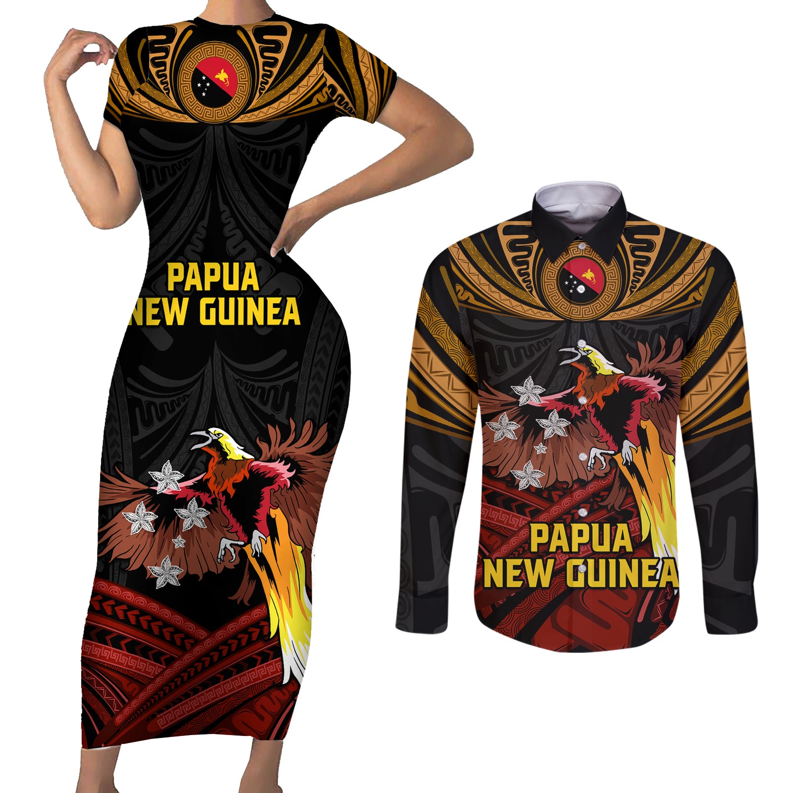 Papua New Guinea Bird-of-Paradise Couples Matching Short Sleeve Bodycon Dress and Long Sleeve Button Shirt Coat of Arms and Tribal Patterns LT03 Black - Polynesian Pride