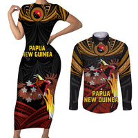 Papua New Guinea Bird-of-Paradise Couples Matching Short Sleeve Bodycon Dress and Long Sleeve Button Shirt Coat of Arms and Tribal Patterns LT03 Black - Polynesian Pride