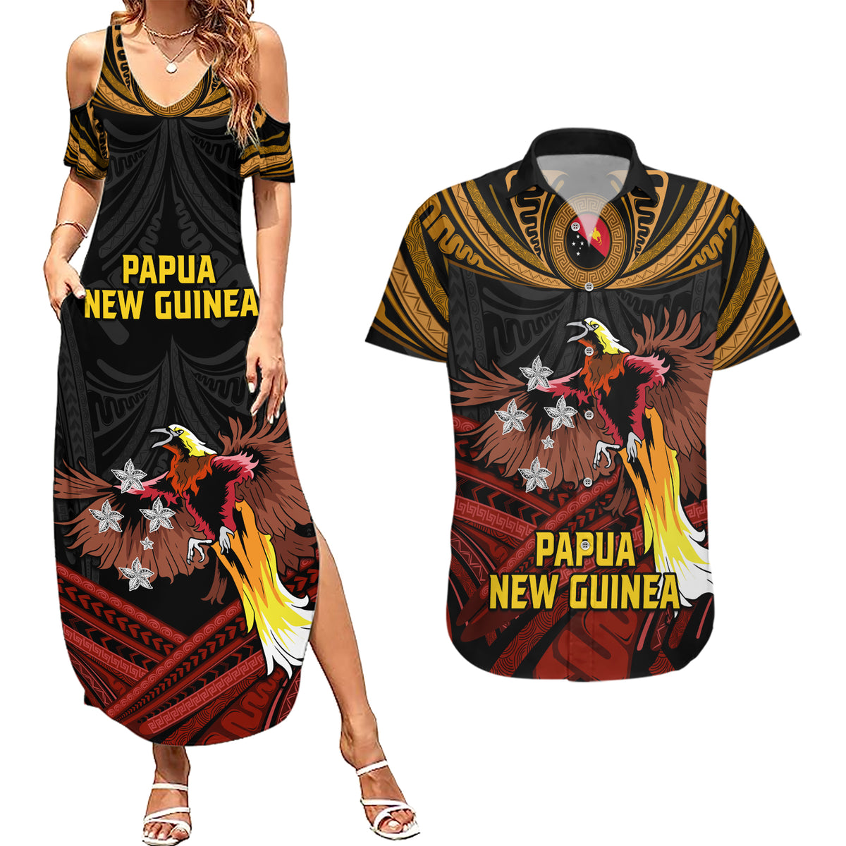 Papua New Guinea Bird-of-Paradise Couples Matching Summer Maxi Dress and Hawaiian Shirt Coat of Arms and Tribal Patterns LT03 Black - Polynesian Pride