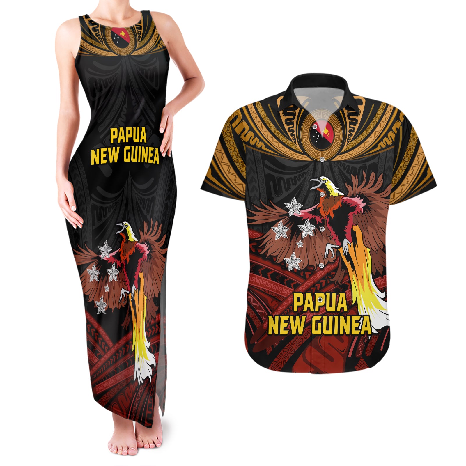 Papua New Guinea Bird-of-Paradise Couples Matching Tank Maxi Dress and Hawaiian Shirt Coat of Arms and Tribal Patterns LT03 Black - Polynesian Pride