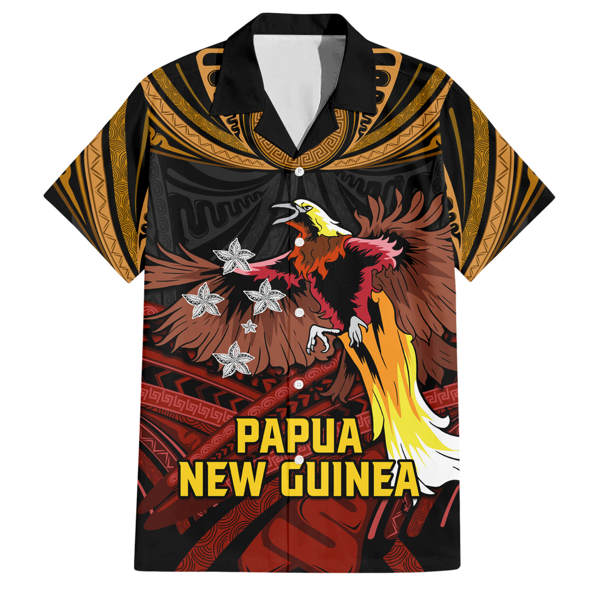 Papua New Guinea Bird-of-Paradise Family Matching Short Sleeve Bodycon Dress and Hawaiian Shirt Coat of Arms and Tribal Patterns LT03 Dad's Shirt - Short Sleeve Black - Polynesian Pride