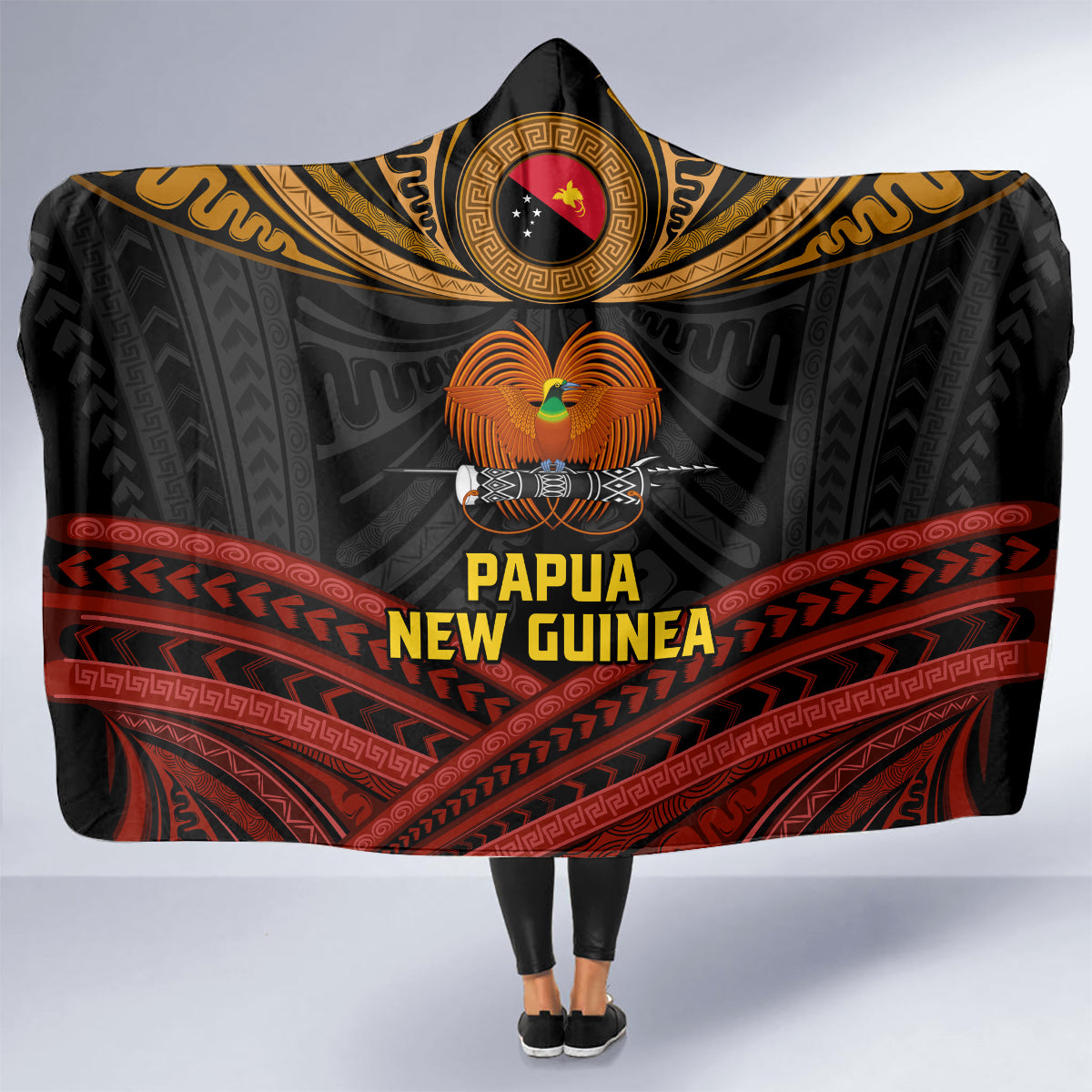 Papua New Guinea Bird-of-Paradise Hooded Blanket Coat of Arms and Tribal Patterns
