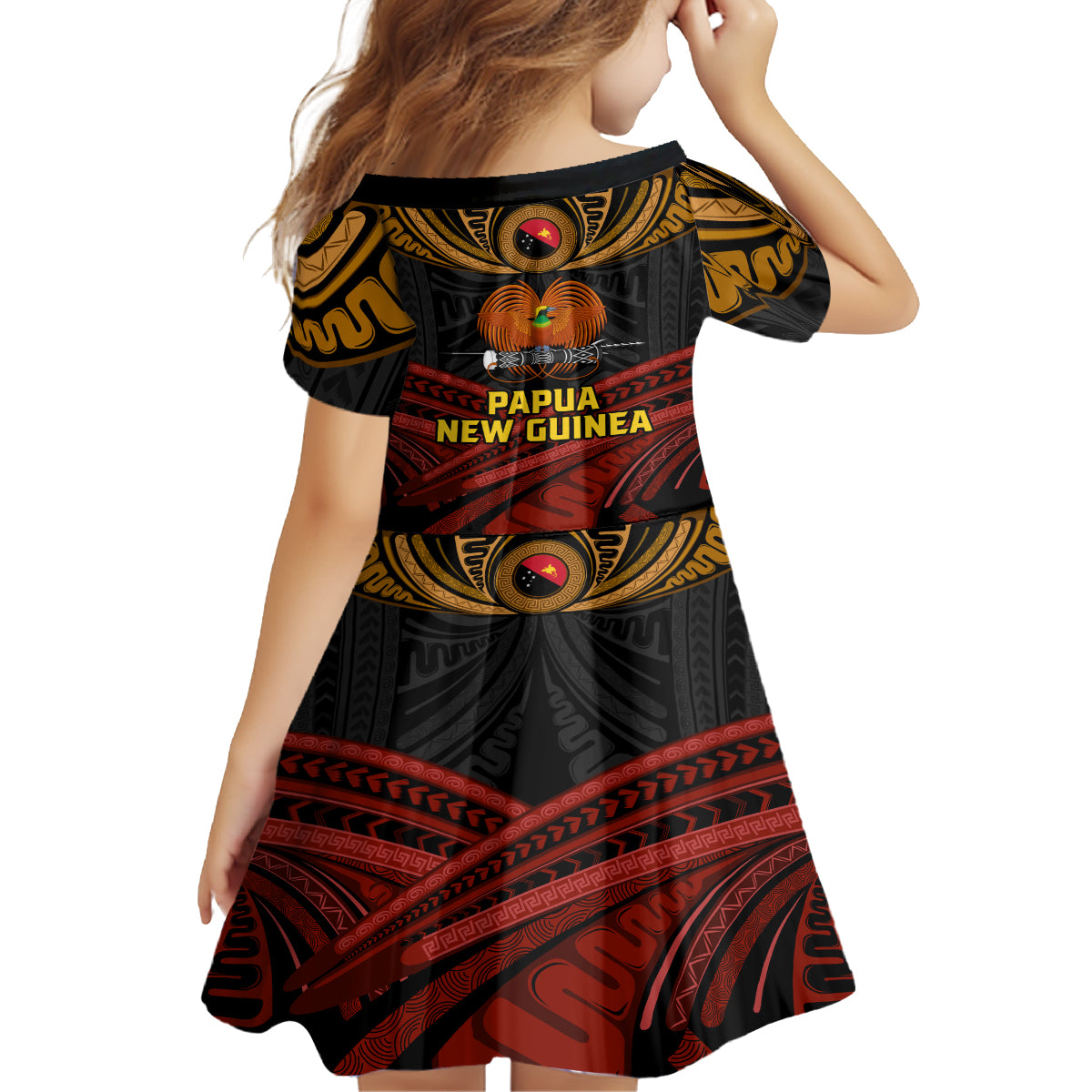 Papua New Guinea Bird-of-Paradise Kid Short Sleeve Dress Coat of Arms and Tribal Patterns LT03 - Polynesian Pride