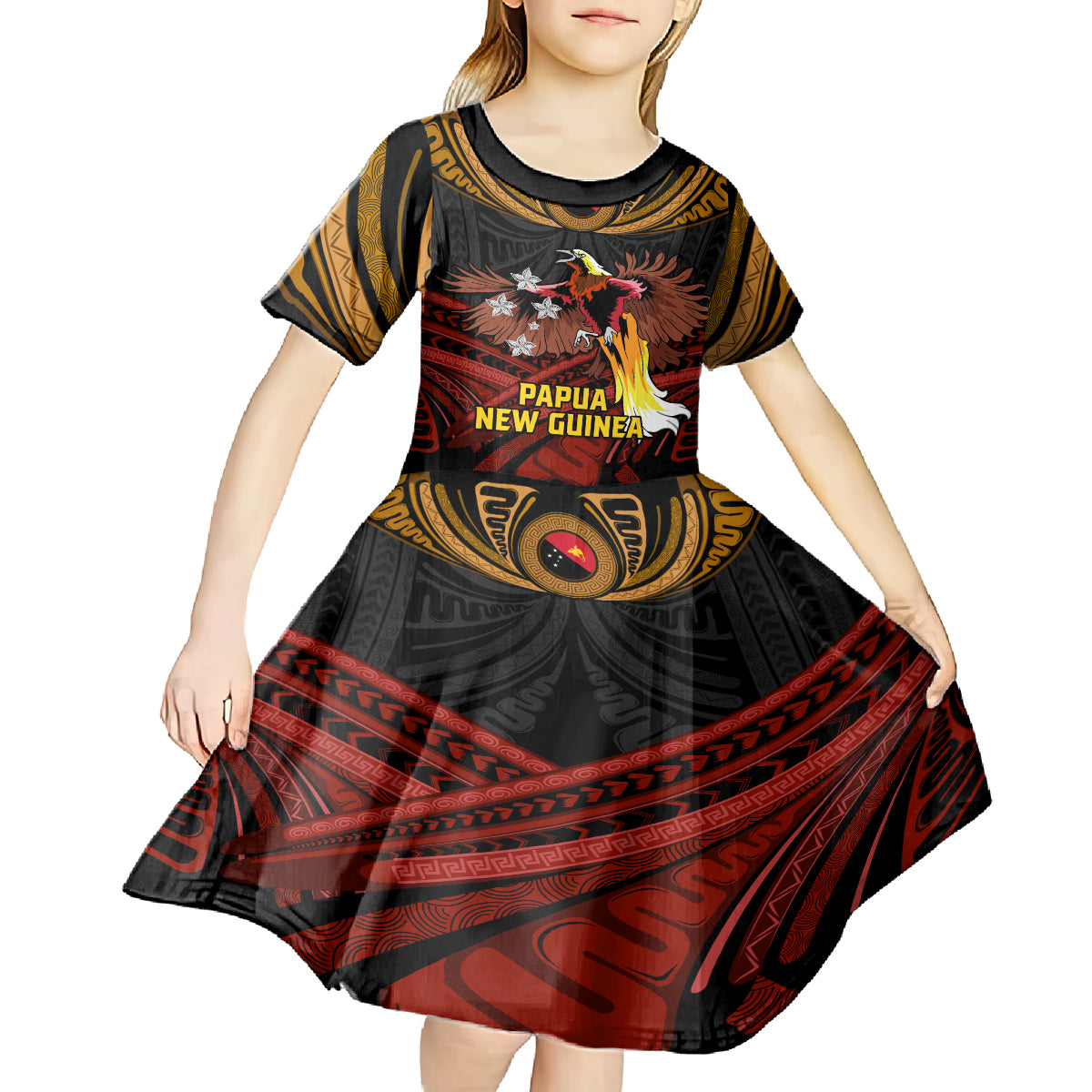 Papua New Guinea Bird-of-Paradise Kid Short Sleeve Dress Coat of Arms and Tribal Patterns LT03 - Polynesian Pride