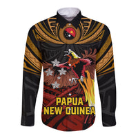 Papua New Guinea Bird-of-Paradise Long Sleeve Button Shirt Coat of Arms and Tribal Patterns LT03 Unisex Black - Polynesian Pride