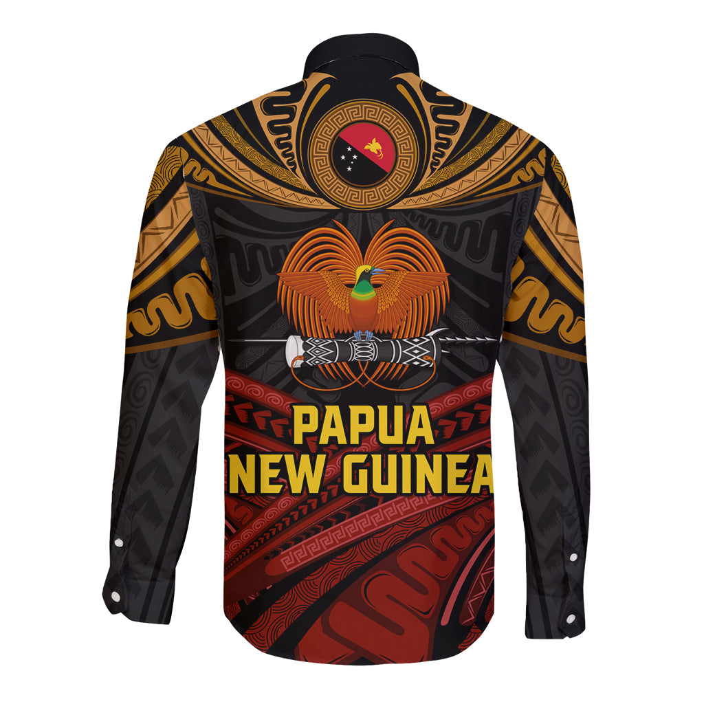 Papua New Guinea Bird-of-Paradise Long Sleeve Button Shirt Coat of Arms and Tribal Patterns LT03 - Polynesian Pride