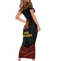 Papua New Guinea Bird-of-Paradise Short Sleeve Bodycon Dress Coat of Arms and Tribal Patterns LT03 - Polynesian Pride
