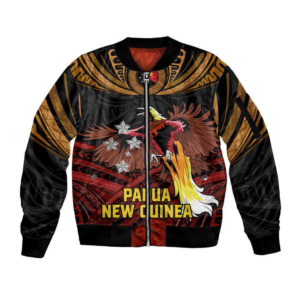Papua New Guinea Bird-of-Paradise Sleeve Zip Bomber Jacket Coat of Arms and Tribal Patterns LT03 Unisex Black - Polynesian Pride