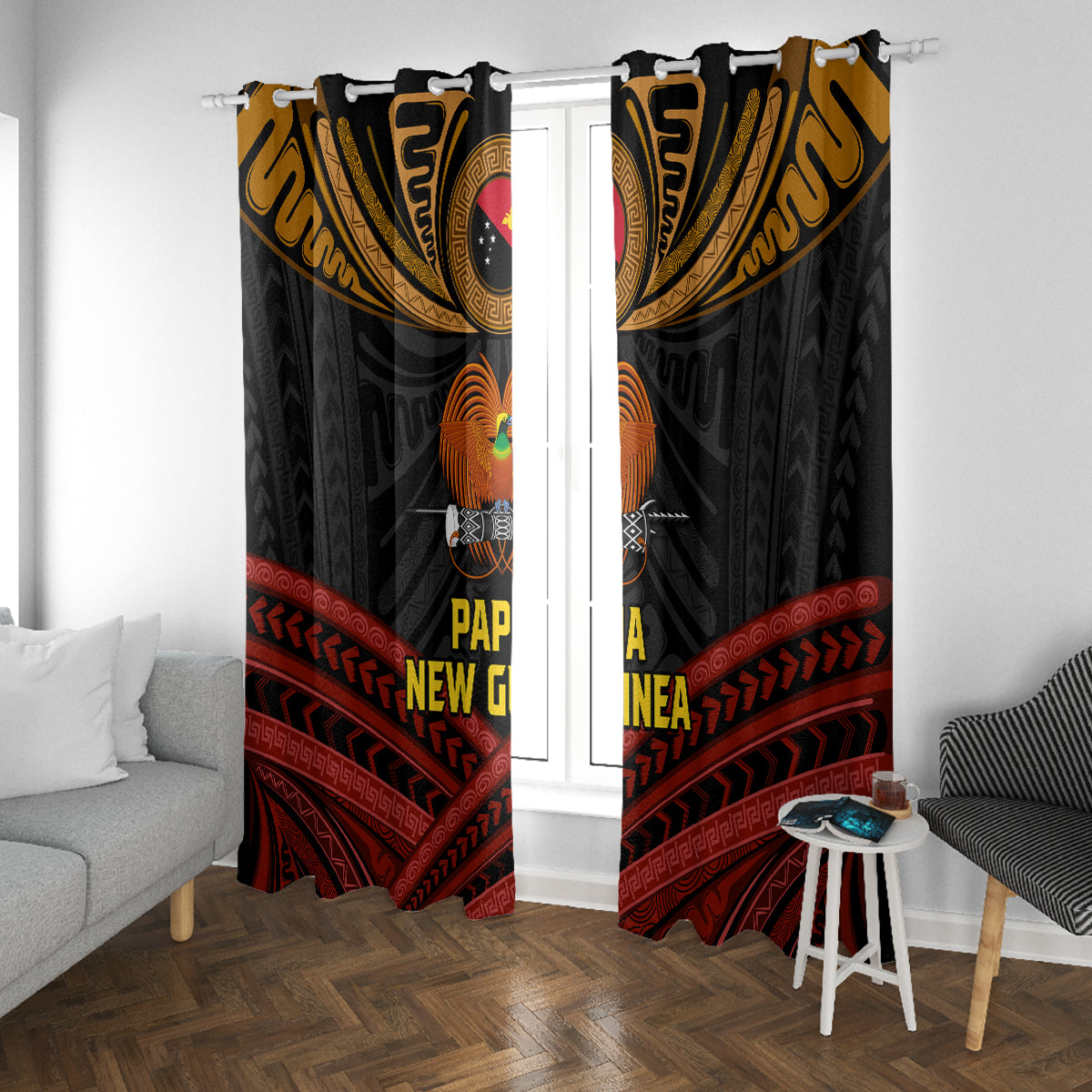 Papua New Guinea Bird-of-Paradise Window Curtain Coat of Arms and Tribal Patterns LT03 With Grommets Black - Polynesian Pride