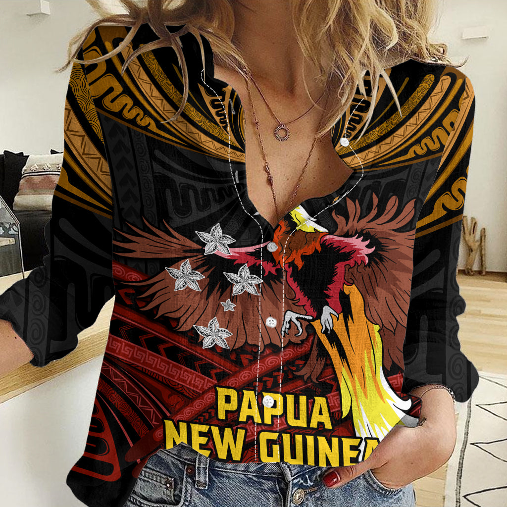 Papua New Guinea Bird-of-Paradise Women Casual Shirt Coat of Arms and Tribal Patterns LT03 Female Black - Polynesian Pride