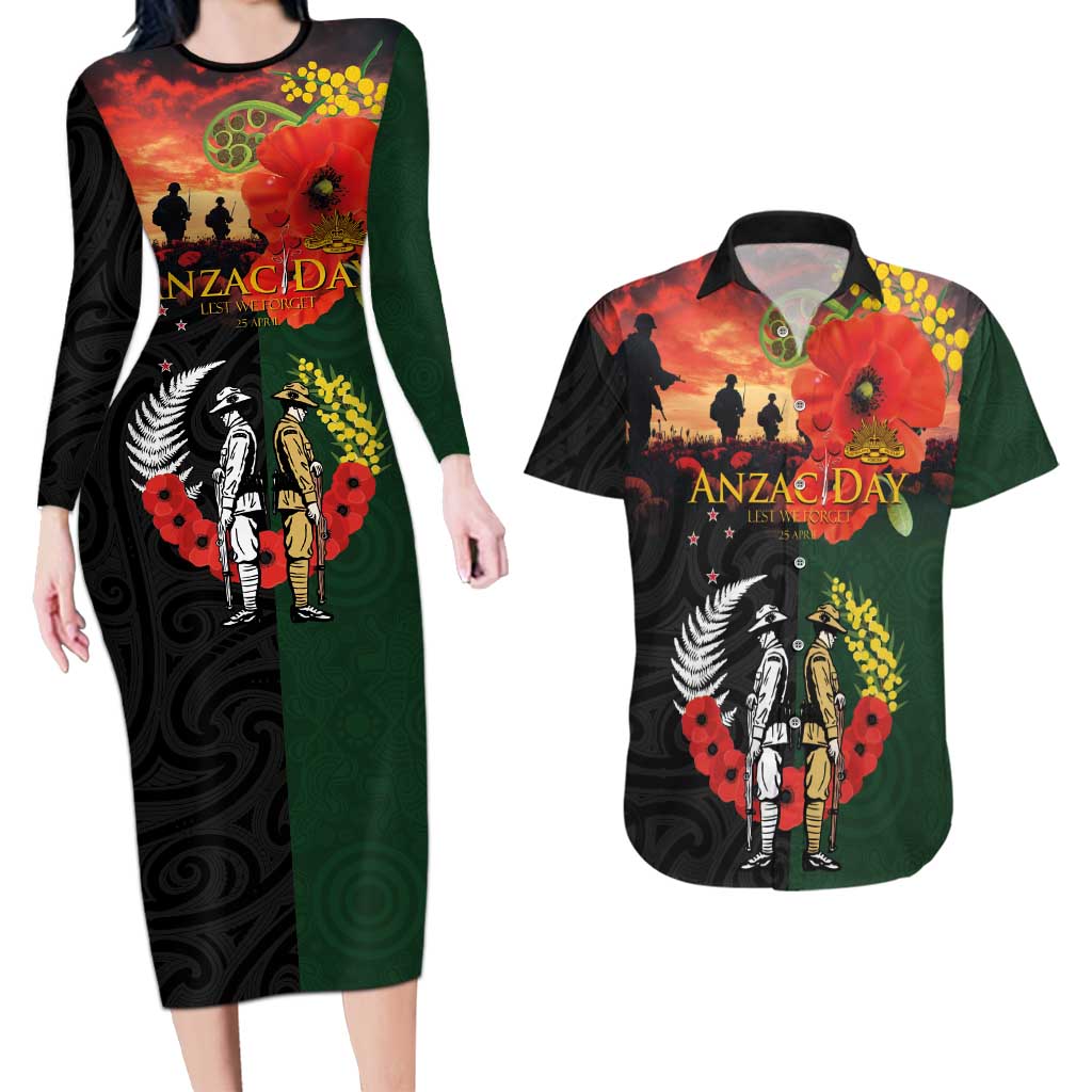 New Zealand and Australia ANZAC Day Couples Matching Long Sleeve Bodycon Dress and Hawaiian Shirt Lest We Forget Indigenous and Maori Pattern