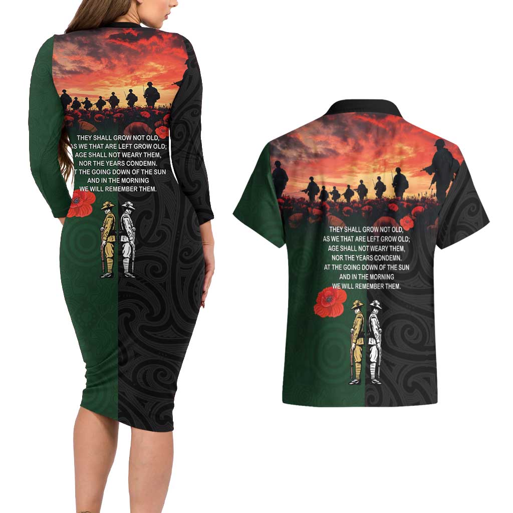 New Zealand and Australia ANZAC Day Couples Matching Long Sleeve Bodycon Dress and Hawaiian Shirt Lest We Forget Indigenous and Maori Pattern