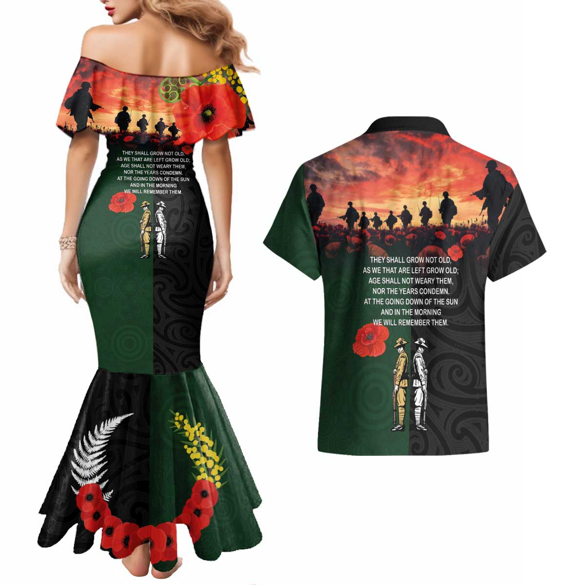 New Zealand and Australia ANZAC Day Couples Matching Mermaid Dress and Hawaiian Shirt Lest We Forget Indigenous and Maori Pattern