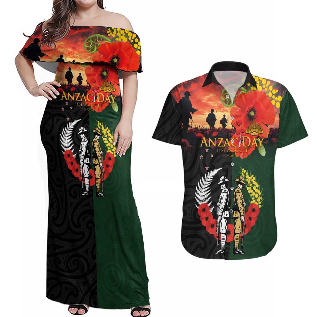 New Zealand and Australia ANZAC Day Couples Matching Off Shoulder Maxi Dress and Hawaiian Shirt Lest We Forget Indigenous and Maori Pattern LT03 Multicolor - Polynesian Pride