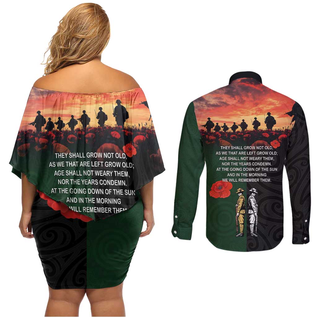 New Zealand and Australia ANZAC Day Couples Matching Off Shoulder Short Dress and Long Sleeve Button Shirt Lest We Forget Indigenous and Maori Pattern LT03 - Polynesian Pride