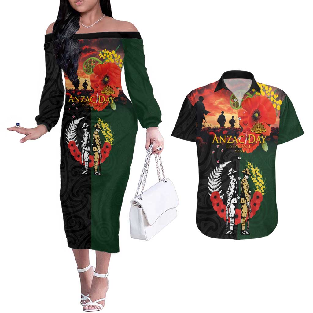 New Zealand and Australia ANZAC Day Couples Matching Off The Shoulder Long Sleeve Dress and Hawaiian Shirt Lest We Forget Indigenous and Maori Pattern