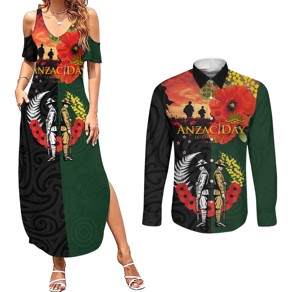New Zealand and Australia ANZAC Day Couples Matching Summer Maxi Dress and Long Sleeve Button Shirt Lest We Forget Indigenous and Maori Pattern LT03 Multicolor - Polynesian Pride