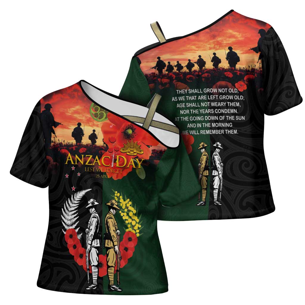 New Zealand and Australia ANZAC Day Cross Shoulder Shirt Lest We Forget Indigenous and Maori Pattern